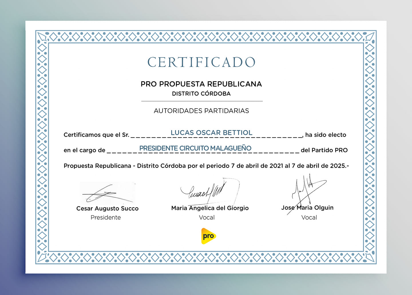 Honor- Certificado PRO Presidente Circuito Malagueño Lucas Bettiol