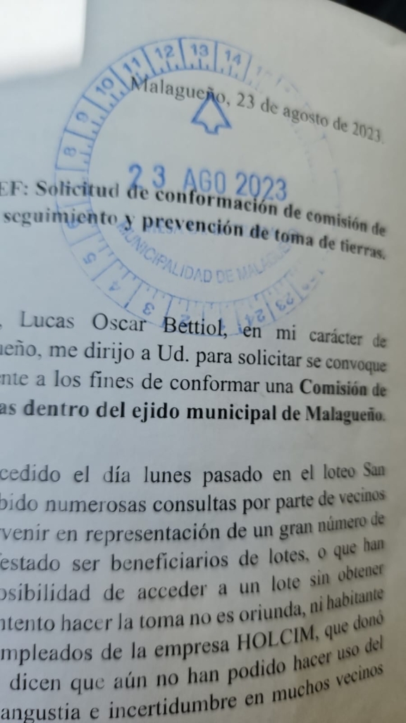 Nota enviada al Intendente de Malagueño el día 23 de agosto de 2023 con solicitud de conformación de comisión de seguimiento y prevención de toma de tierras