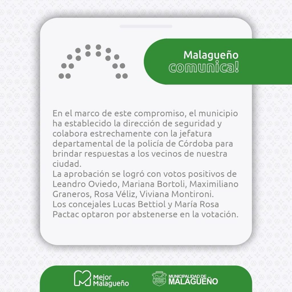 Publicación de la Municipalidad de Malagueño con respecto a la Adhesión a la Ley de Seguridad
