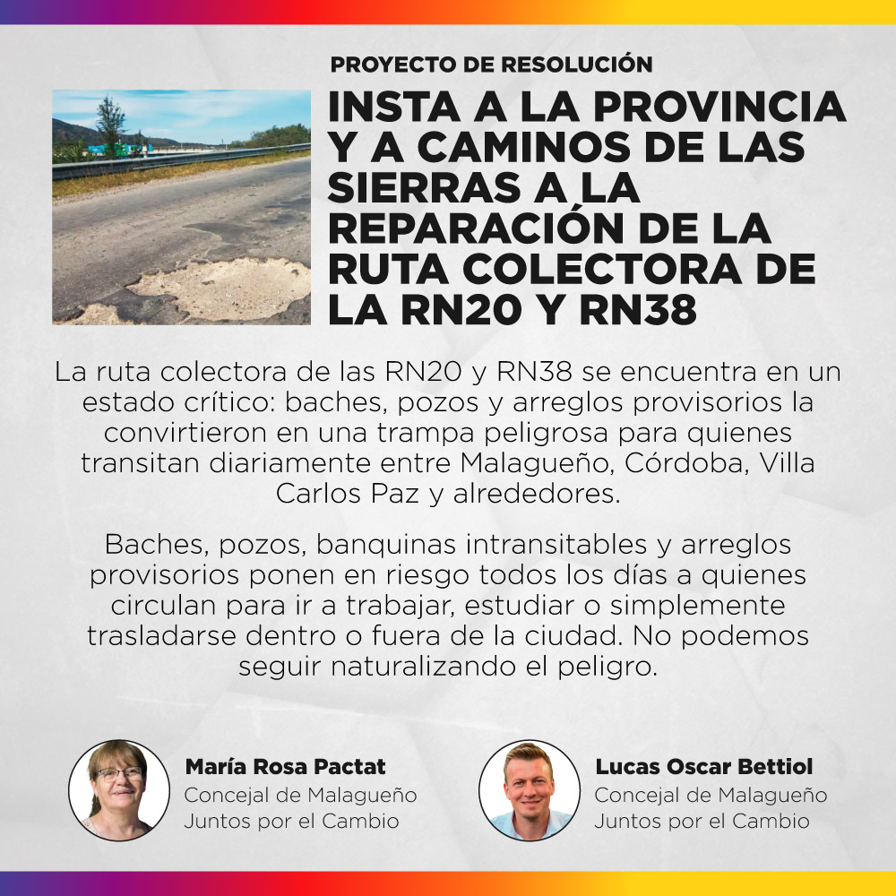 Proyecto de resolución - Insta a la Provincia y a Camino de las Sierras a la Reparación de la Ruta Colectora de la RN20 y RN38
