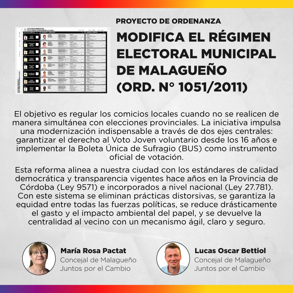 Proyecto de ordenanza - Modifica la Ordenanza N° 1051/2011 que establece el Régimen Electoral Municipal de la Ciudad de Malagueño