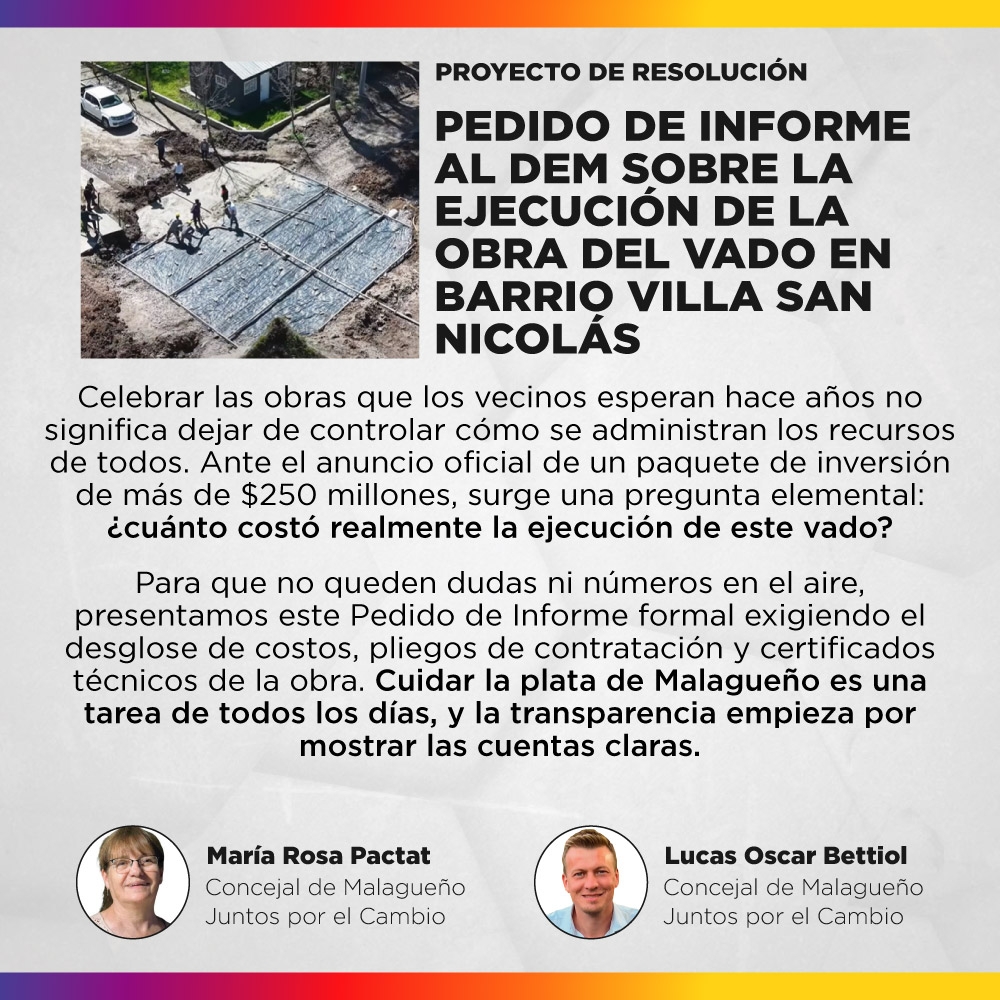 Proyecto de resolución - Pedido de Informe al DEM sobre la ejecución de la obra del vado en Barrio Villa San Nicolás.